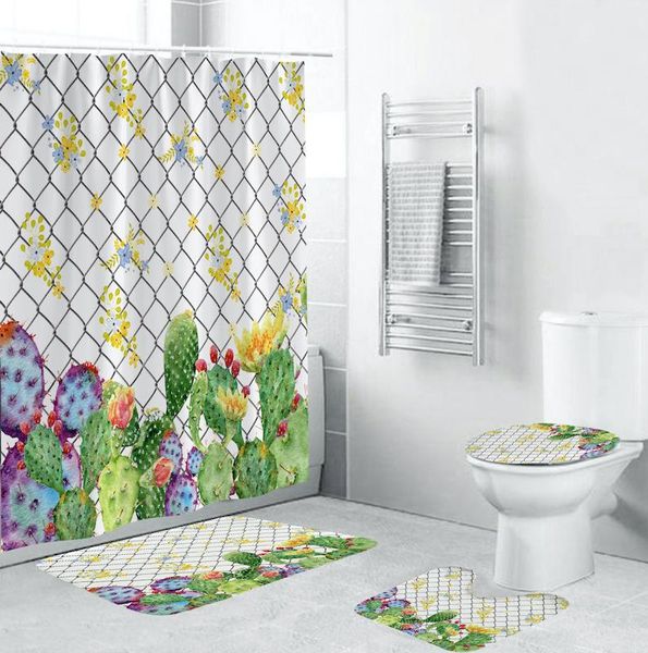 

bath accessory set cactus bathroom waterproof shower curtain setting base carpet cover toilet lid mat