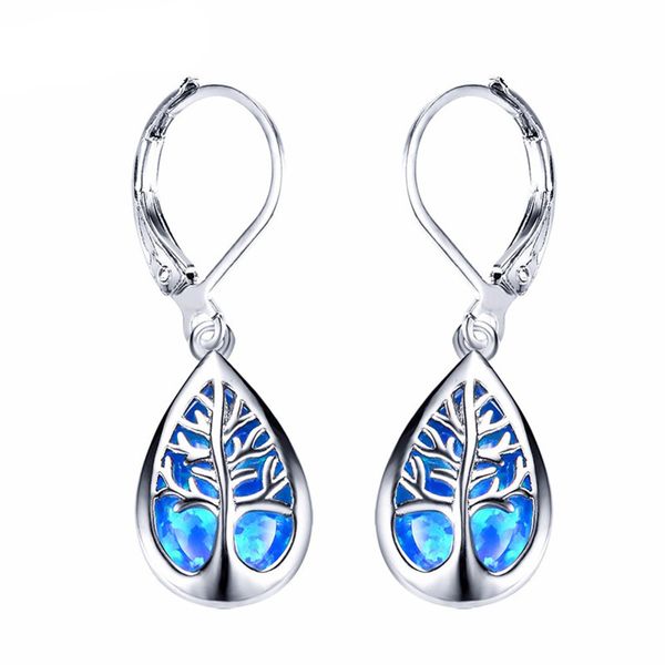 

npkds luxurious fashion filled life tree drop earrings for women water drop stone blue fire opal birthstone earrings, Golden