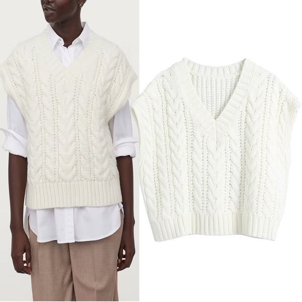 

2021 new white v neck cable knitted women vintage sleeveless cropped sweater vest woman fashion loose pullover sfl6, White;black