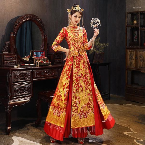 

xiuhe chinese traditional embroidery formal&phoenix wedding dress cheongsam oriental vintage hanfu qipao1, Red
