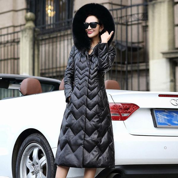 

women's leather & faux winter 2021 down genuine jacket real fur collar hooded long natural sheepskin coats plus size 8719, Black