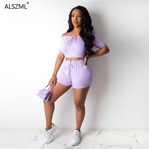 

2020 women fashion sport suit solid color off shoulder and short pants 2 pieces leisure sport women fashion style1, White