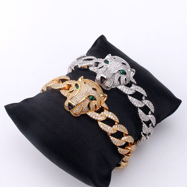 

green eyed leopard head domineering cuba chain hip hop chaoren full set zircon universal bracelet for men women jewelry wholesale, Black