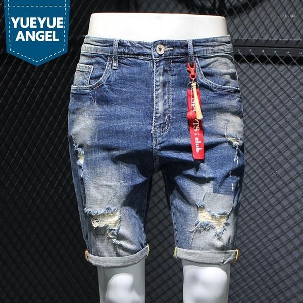 

fashion hole ripped denim shorts men high street summer zipper slim knee-length pants vintage washed beach shorts1, Blue