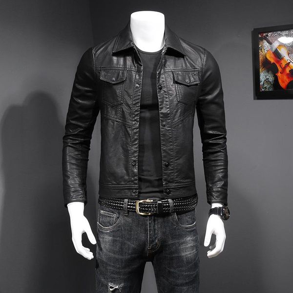 

men's leather & faux fall / winter 2021 lapel coat european station fashion slim big size man, Black