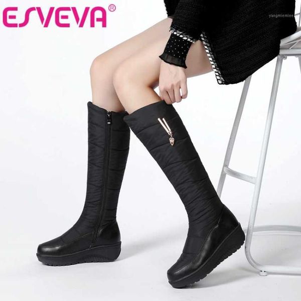 

esveva 2021 snow boots square low heel flock knee high boots women shoes round toe platform zipper size 35-441, Black
