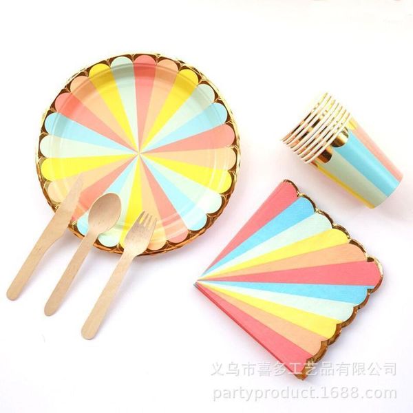 

colorful stripe party supplies paper plates paper cups napkins, wooden knife fork spoon disposable tableware for birthday party1