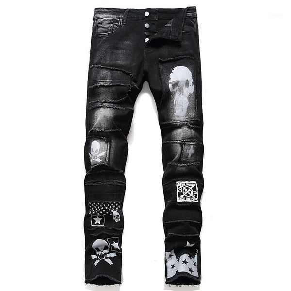 

autumn autumn men's elastic black stretch jeans mens brand fashion washed hole patch cloth skull print jeans denim trousers1, Blue