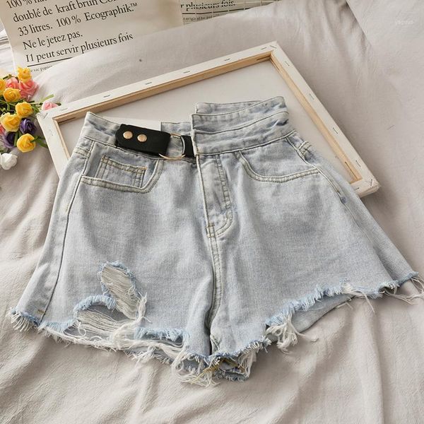 

bf wind irregular high waist light blue jeans female 2020 summer new korean version of the hole fringed denim shorts women's1, White;black