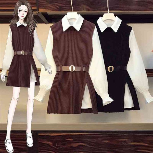 

autumn winter womens shirt vest two piece set lantern sleeve lapel shirt knitted vest two piece womens sets gd599, White