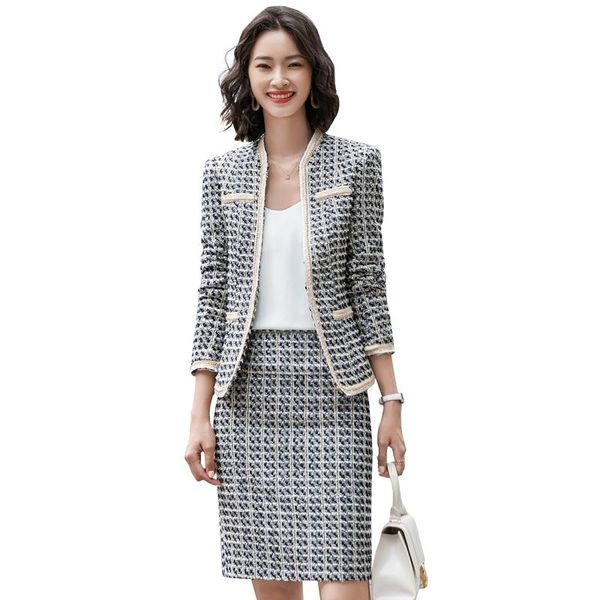 

two piece dress 2021 latest plaid ladies skirt suits elegant korean design women business pieces sets, White