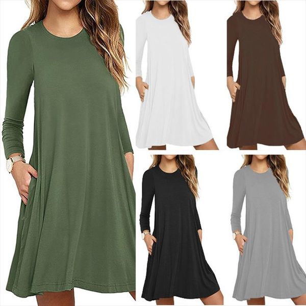 

casual woman dress loose midi autumn dresses long sleeve solid color pocket dress new style american for women vestidos, Black;gray