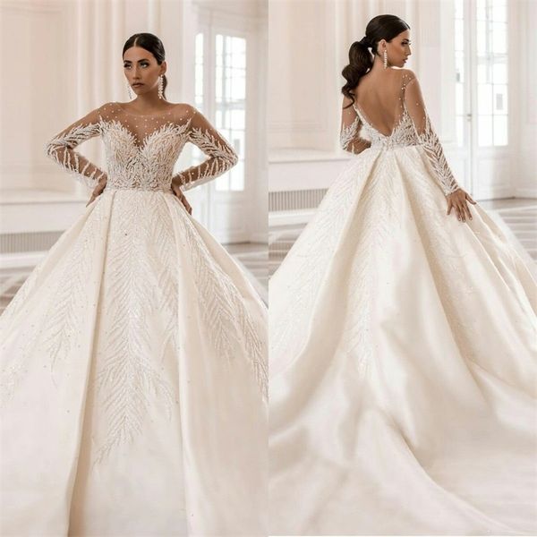 I più nuovi abiti da sposa a-line di lusso con perline di cristallo glitterati Abiti da sposa in pizzo con applicazioni backless sexy Increspato Sweep Train Robes De Mari￩e