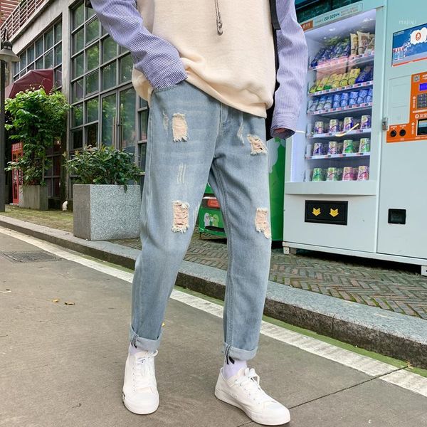 

men's jeans fashion 2021 street denim pants men's autumn trend washing loose feet harlan brand hole beggar personality ankle lengt, Blue