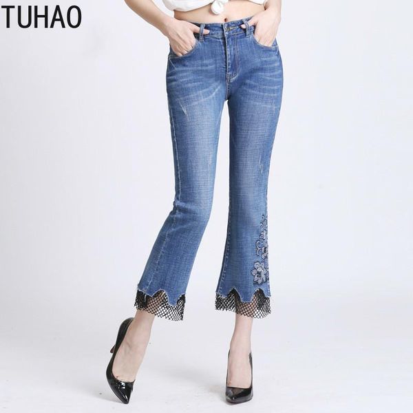 

tuhao office lady vintage high waist jeans women ripped cropped jeans pants 2020 spring summer flare denim trousers wm301, Blue