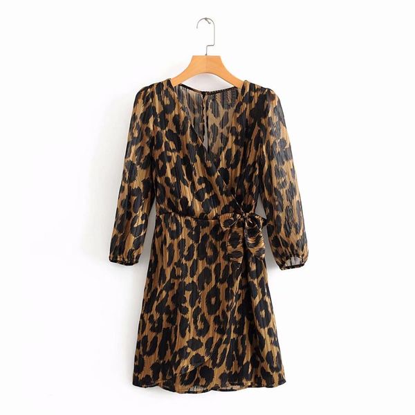 

2020 new women cross v neck leopard print bow tied kimono dress ladies three quarter sleeve vestidos chic chiffon dresses ds3345 y0118, Black;gray