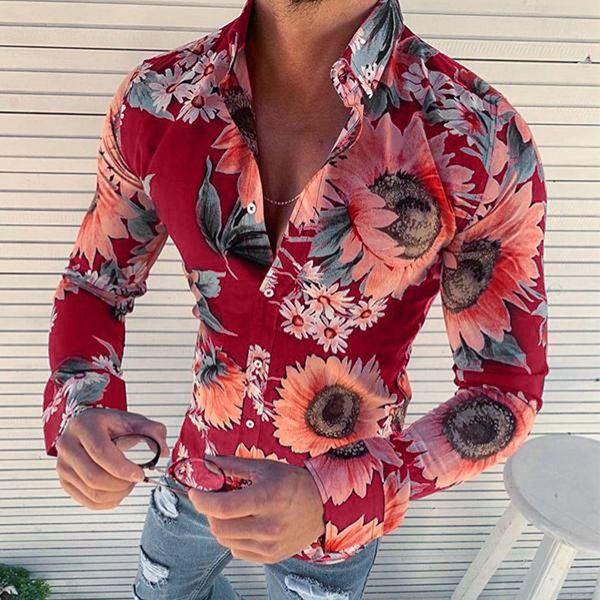 

men's floral shirts long sleeve casual shirt fashion flower 3d printed blouse turn-down collar slim shirt for mens, White;black
