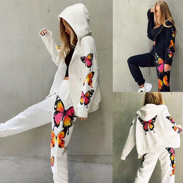 

women's tracksuits 2 piece set women spring autumn tracksuit butterfly print hooded sweatshirt wide leg pants suits casual fashion spor, Gray