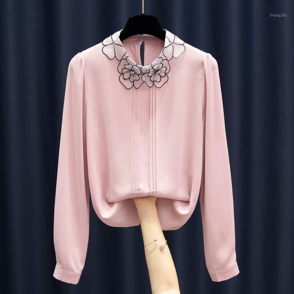 

autumn flower collar chiffon blouse shirt casual blouses women blusas1, White