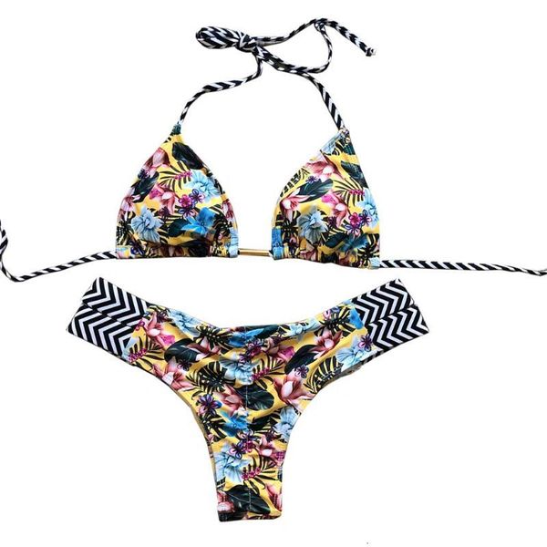 

2020 women thong micro string halter bikini push up brazilian hawaii print swimwear swimsuit, Black;white