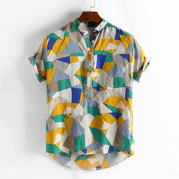 

mens shirt summer hit color stand collar geometric patchwork printed short sleeve breathable hawaiian shirts mens clothing, White;black