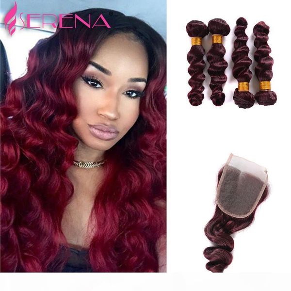 

brazilian virgin hair loose wave with closure 99j hair 5pcs wine red 4 bundles with closure 4x4 closure burgundy red human hair bundles, Black;brown
