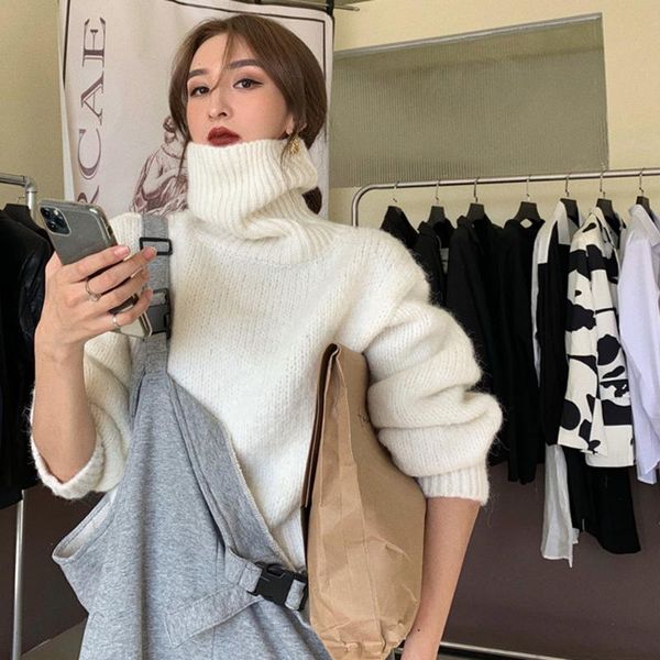 

korean version pullover loose autumn and winter street fashion long sleeve ladies turtleneck sweater, White;black