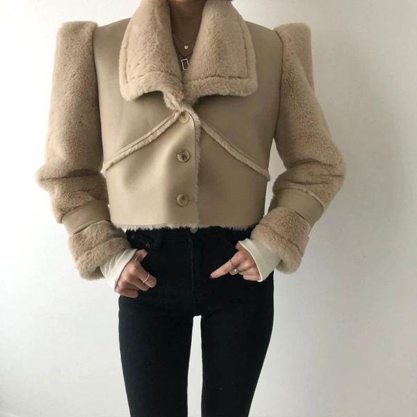 

stylish short fur one-piece coat imitation lamb wool stitched cotton jacket plush velvet thicken warm locomotive coats for women, Black;brown