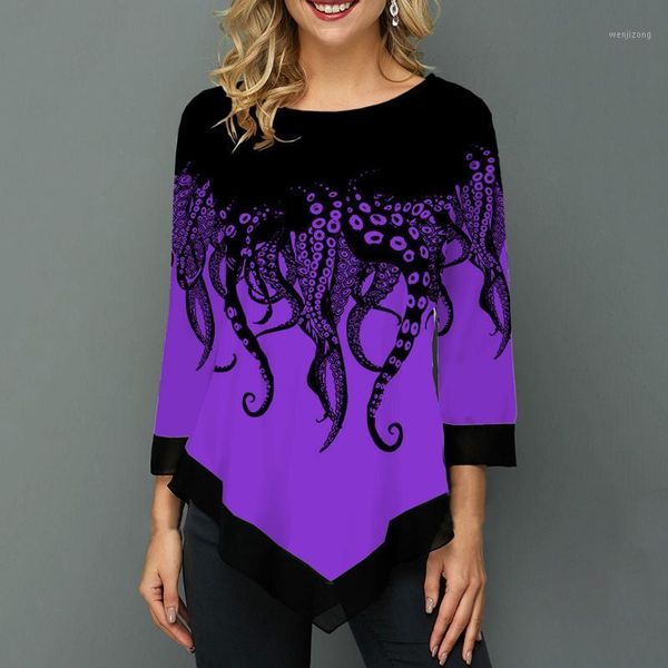 

autumn women's fashion round neck shirt long-sleeved shirt 2020 new arrival women print irregular hem tunic casual 1, White