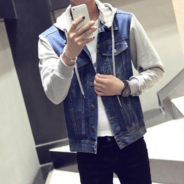 

blouson homme 2021 mens spring autumn patchwork denim jackets hooded jeans jacket male harajuku streetwear men coat plus size, Black;brown