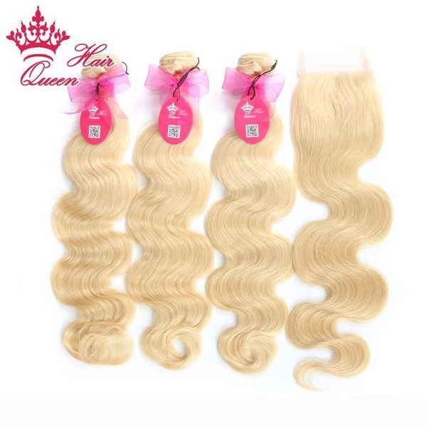 

queen hair products 4pcs lot brazilian virgin hair body wave 5a grade human hair lace closure with bundles, bleached #613 blonde, Black