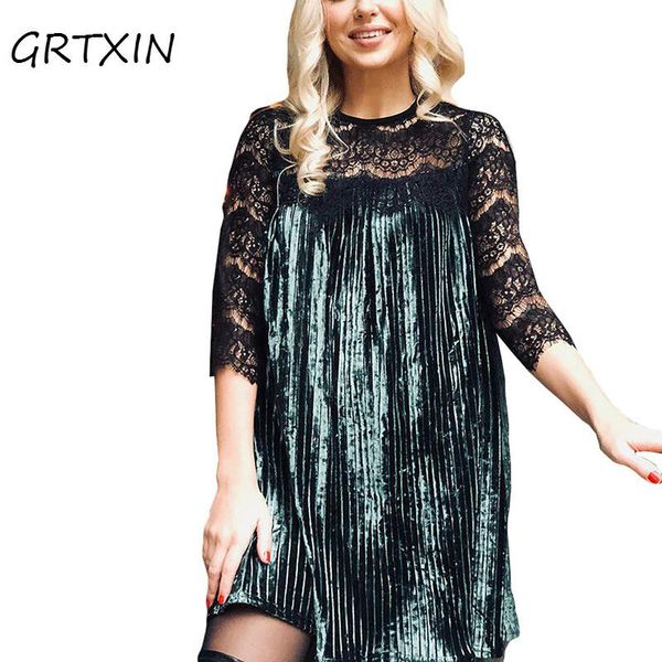 

autumn winter hollow out lace patchwork velvet dress women three quarter fashion pleated dress casual loose, Black;gray