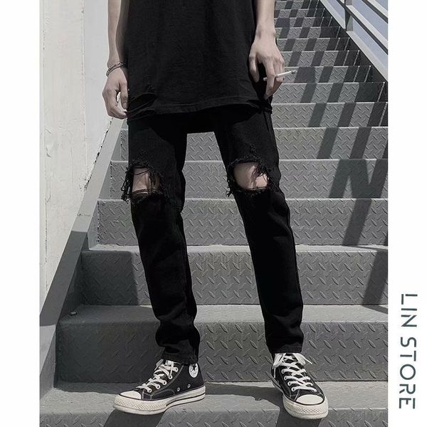 

dark jeans with holes and women's bla trousers men's slim pants, Blue