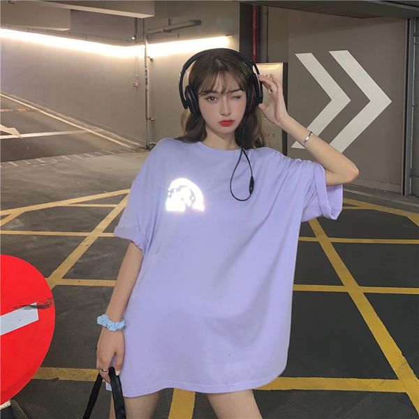 

2021 new summer korean style girlfriend reflective pattern clothing of five sleeves short women's t-shirt ncns, White