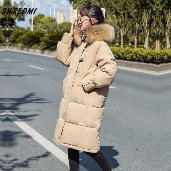 

women's down & parkas swredmi women long jacket winter coat outwear thick warm loose oversized cotton padded clothing large fur collar, Black