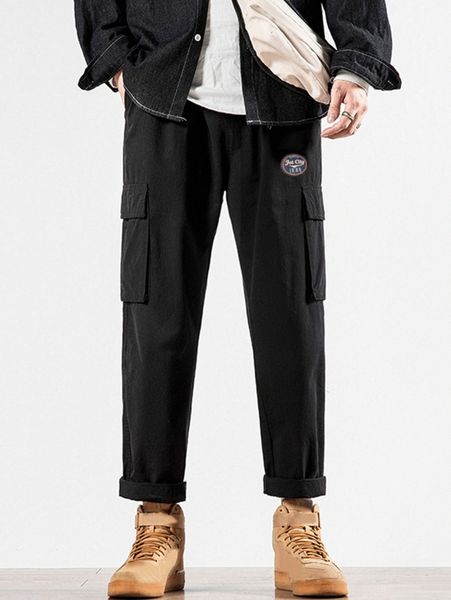 

men letter patched detail flap pocket side pants i0ft#, Black