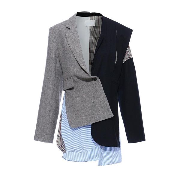 

2021 new fashion single button full irregular color contrast patchwork notched blazer women, White;black