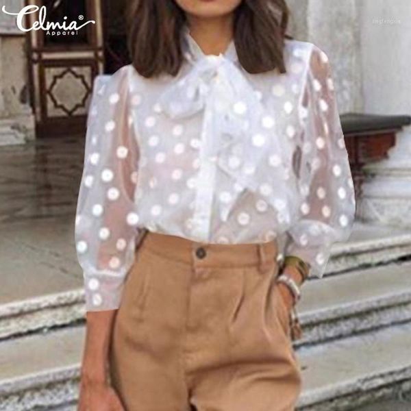 

celmia 2020 summer women blouses transparent mesh shirts 3/4 sleeve buttons bow tie polka dot blusas femininas plus size1, White