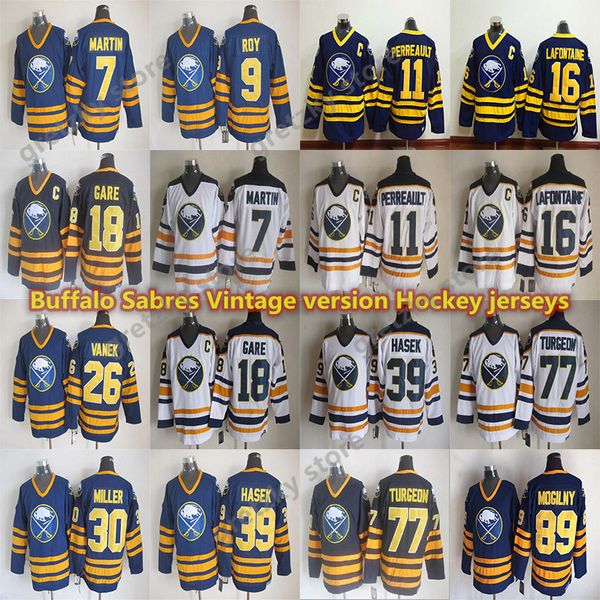 

men's buffalo sabres vintage jerseys 9 roy 89 mogilny 39 hasek 11 perreault 16 lafontaine 18 gare 7 martin ccm hockey jersey, Black;red