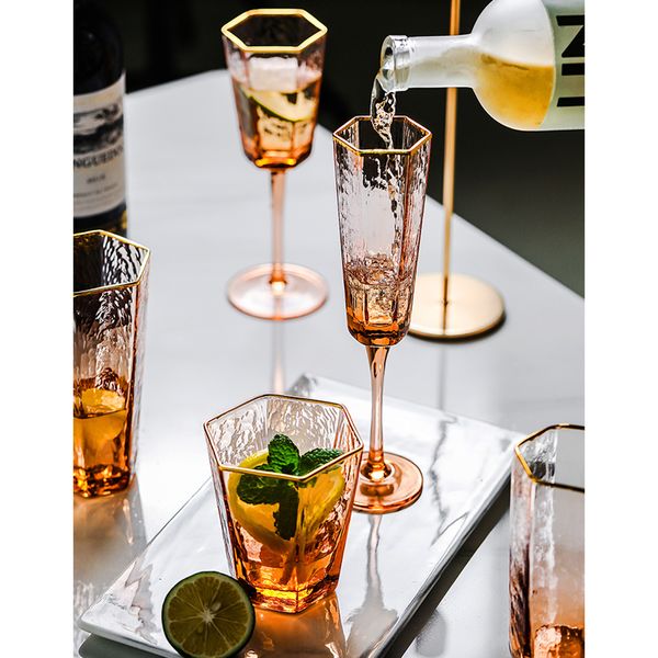 Nordic High-grade esagonale Hammer stripe bicchiere da vino bordato in oro Cristallo Bicchiere da champagne Bicchiere da whisky per la casa Bicchiere da acqua LJ200821