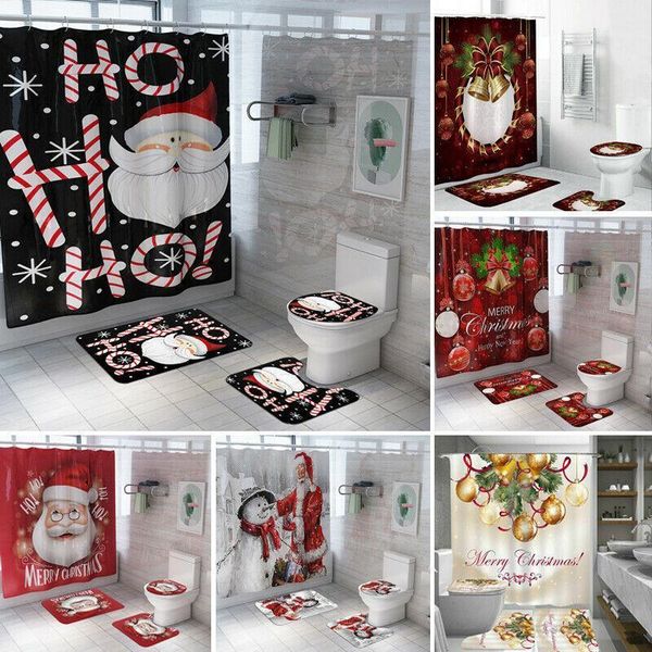 

bath accessory set merry christmas bathroom snowman santa bell pattern waterproof shower curtain toilet cover mat non slip rug1