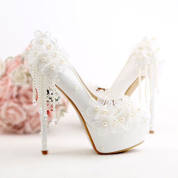 

platform two-inch high-heeled women's white wedding pearl bride stiletto bombs lace flowers ladies party shoes xwu6, Black