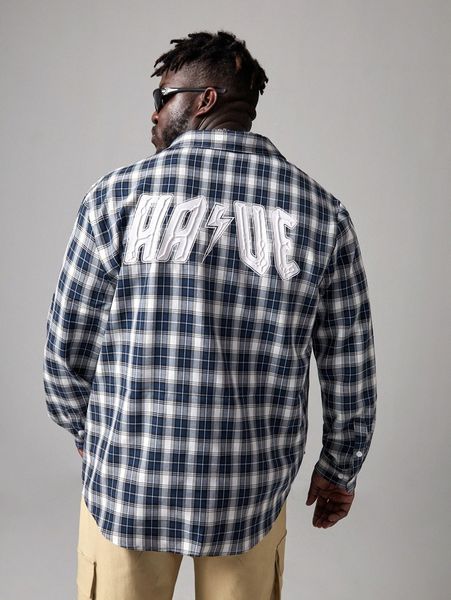 

extended sizes men letter & plaid print button front shirt 65gc#, White;black