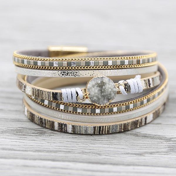 

handmade leather bracelet for women 2021 vintage resin stone bracelets multi-layer druzy bracelet wholesale jewelry, Golden;silver