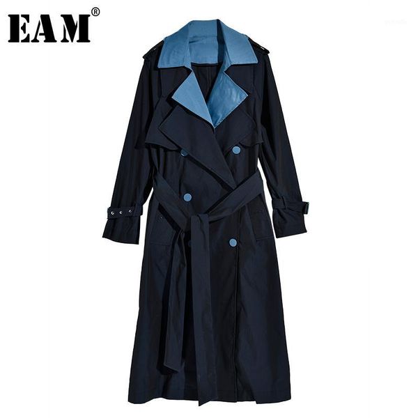 

eam] women contrast color split joint big size trench new lapel long sleeve loose fit windbreaker fashion spring 2020 jo5531, Tan;black