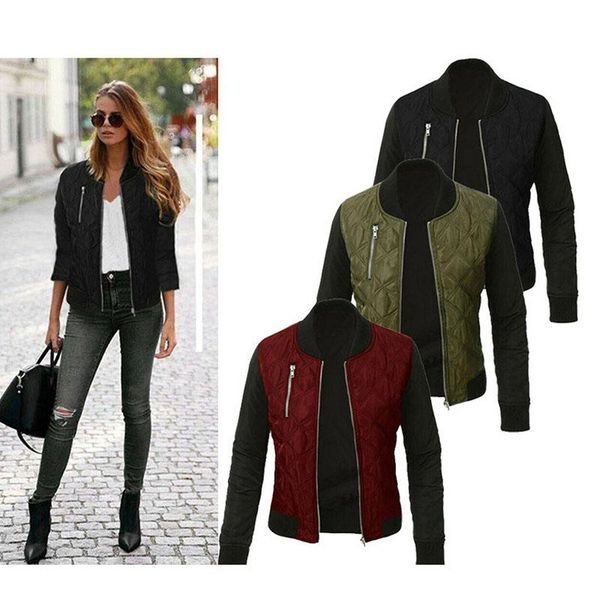 

autumn winter leisure fashion solid women jacket o-neck zipper stitching quilted bomber jacket 2020 new women coats short, Black;brown