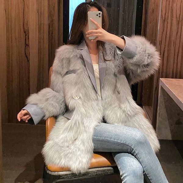 

beijing winter women elegant solid faux fox fur coat lady casual warm coats female long sleeve outerwear, Black