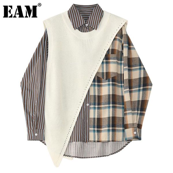 

[eam] women plaid irregular big size blouse new lapel long sleeve loose fit shirt fashion tide spring autumn 2020 1dd0081, White