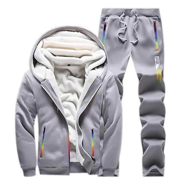 

2021 new men tracksuit sporting sets winter warm casual fleece jacket+pants thicken male piece men's track suit sportswear coat x9pr, Gray