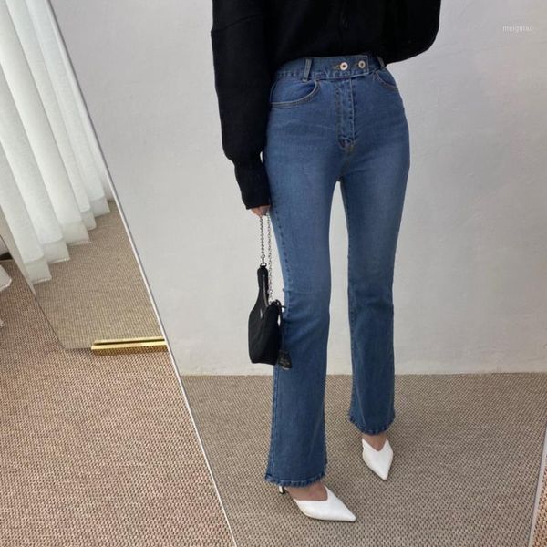 

woman flare jeans high waist skinny mom jeans mujer slim solid streetwear casual denim korean style trousers pantalone1, Blue